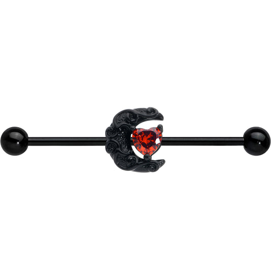 14G Red CZ Gem Black Scroll Moon Heart Industrial Barbell 38mm