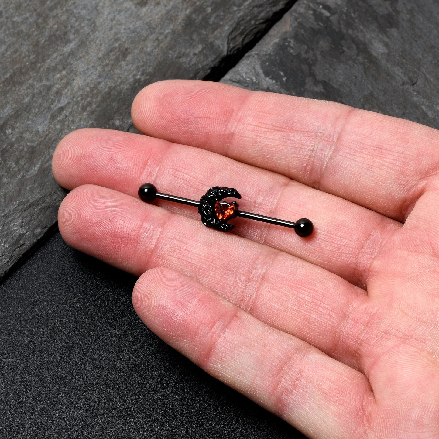 14G Red CZ Gem Black Scroll Moon Heart Industrial Barbell 38mm