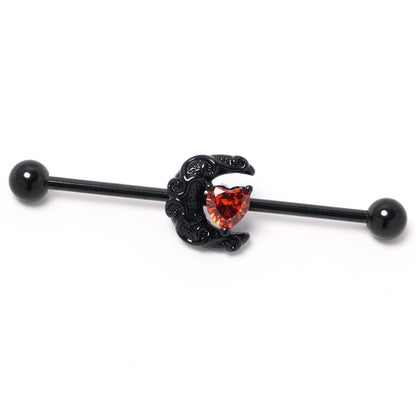 14G Red CZ Gem Black Scroll Moon Heart Industrial Barbell 38mm