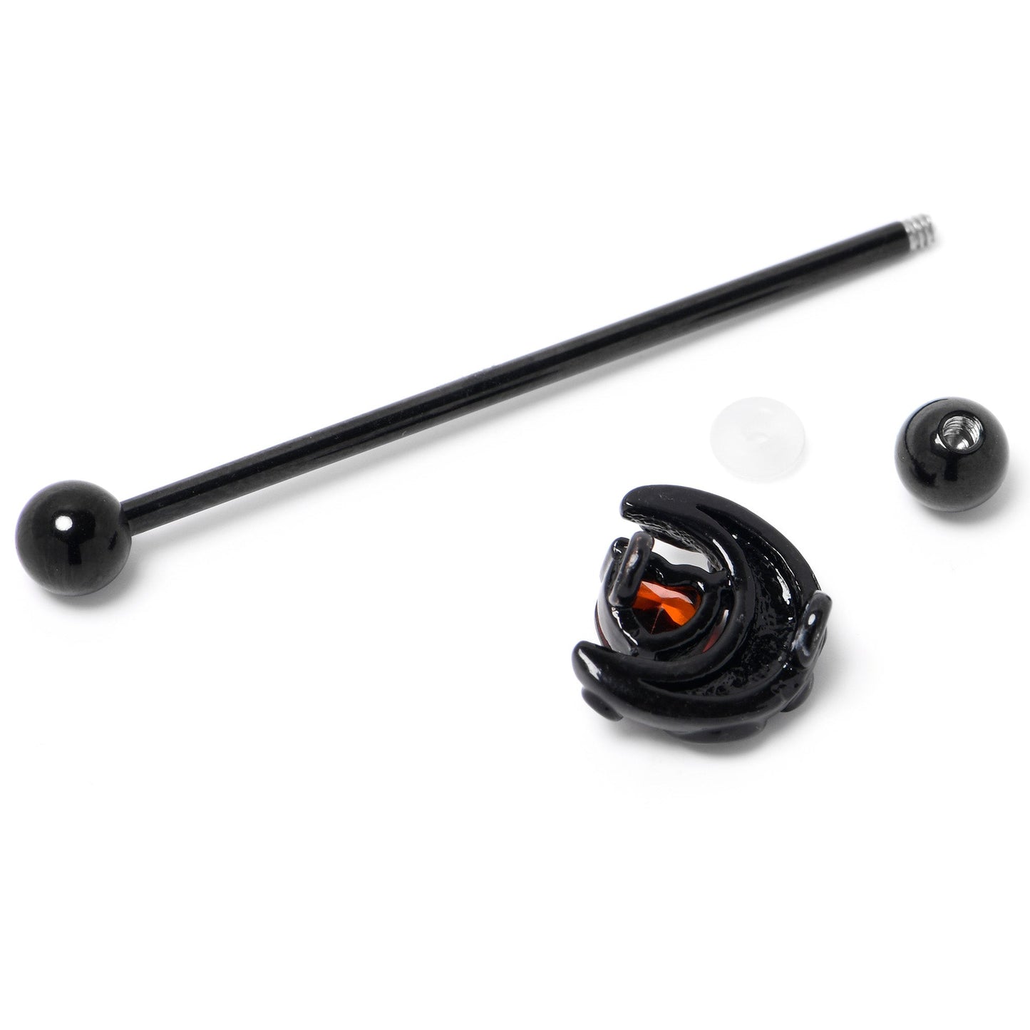 14G Red CZ Gem Black Scroll Moon Heart Industrial Barbell 38mm