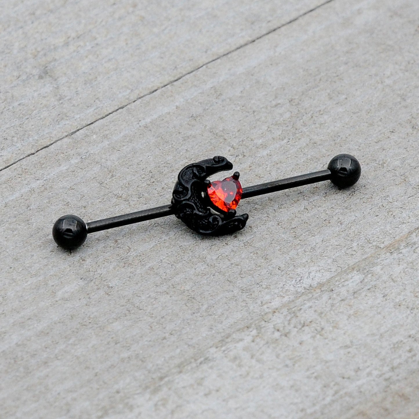 14G Red CZ Gem Black Scroll Moon Heart Industrial Barbell 38mm