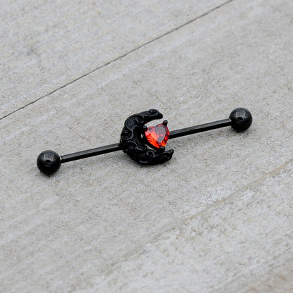 14G Red CZ Gem Black Scroll Moon Heart Industrial Barbell 38mm