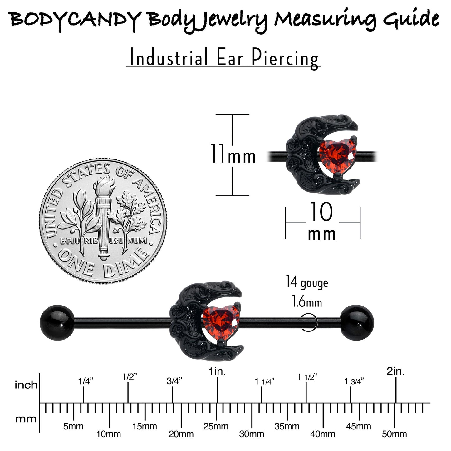 14G Red CZ Gem Black Scroll Moon Heart Industrial Barbell 38mm
