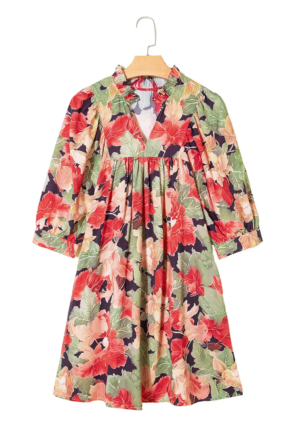 Floral Frill Collar V-Neck Half Sleeve Dress