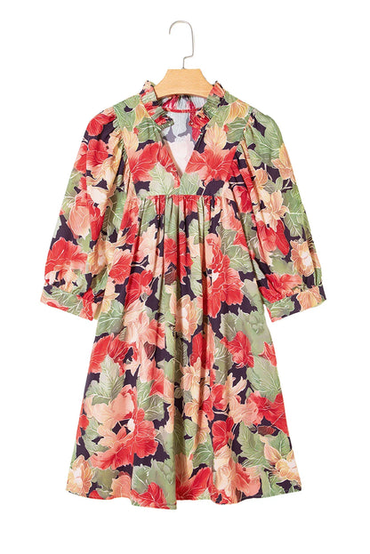 Floral Frill Collar V-Neck Half Sleeve Dress