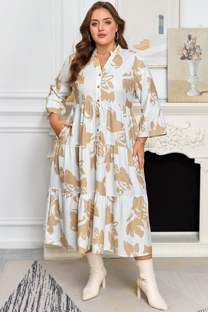 Plus Size Floral 3/4 Ruffle Sleeve Tiered Maxi Dress