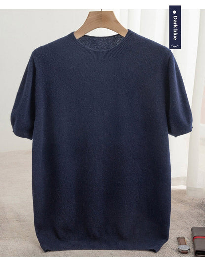 Knitted Short Sleeve Pure Wool Sweater Men's Round Neck