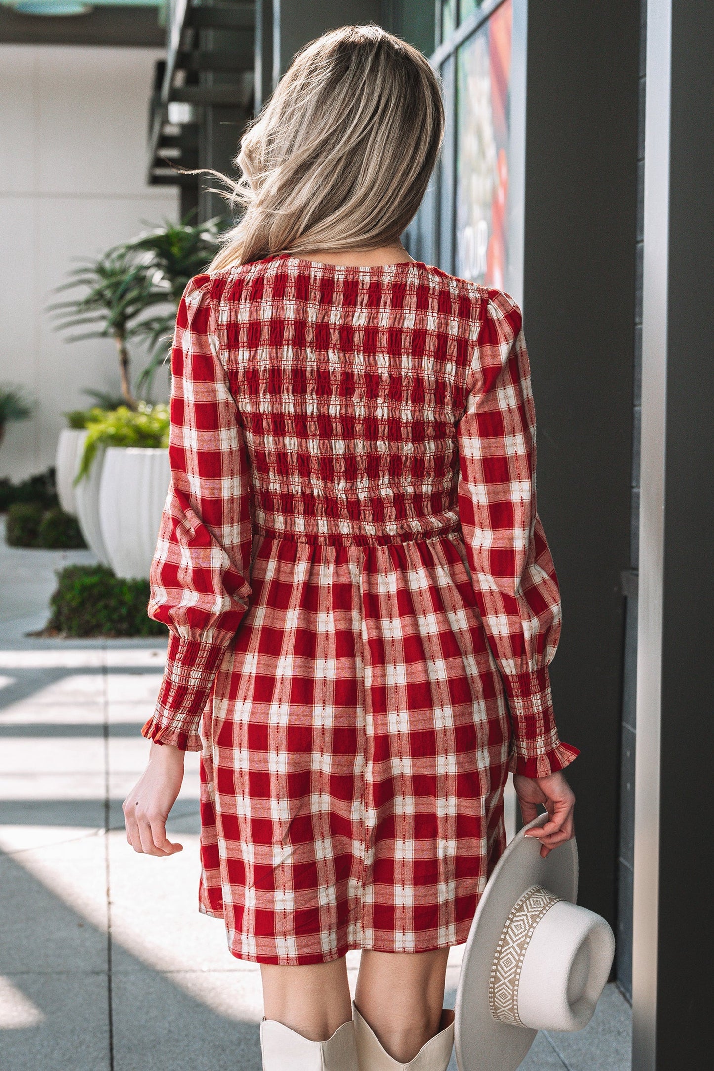 Plaid Smock Puff Sleeve Mini Dress