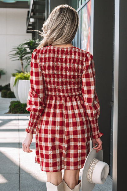 Plaid Smock Puff Sleeve Mini Dress