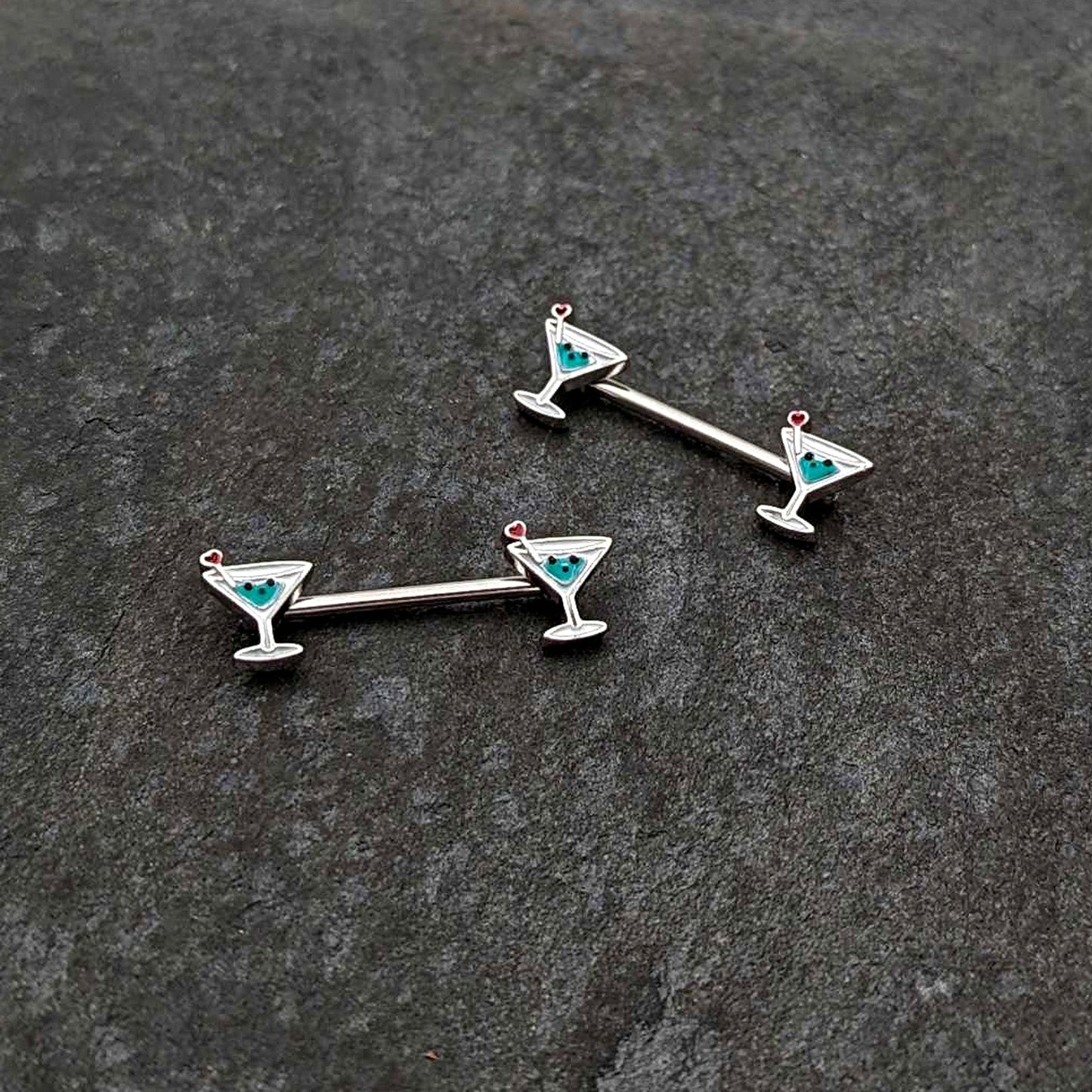 14G 9/16 Sweet Martini Glass Heart Barbell Nipple Ring Set