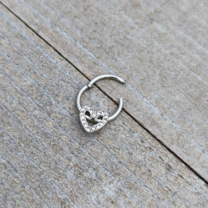 16G 3/8 Clear Gem Open Heart Valentine Hinged Segment Ring