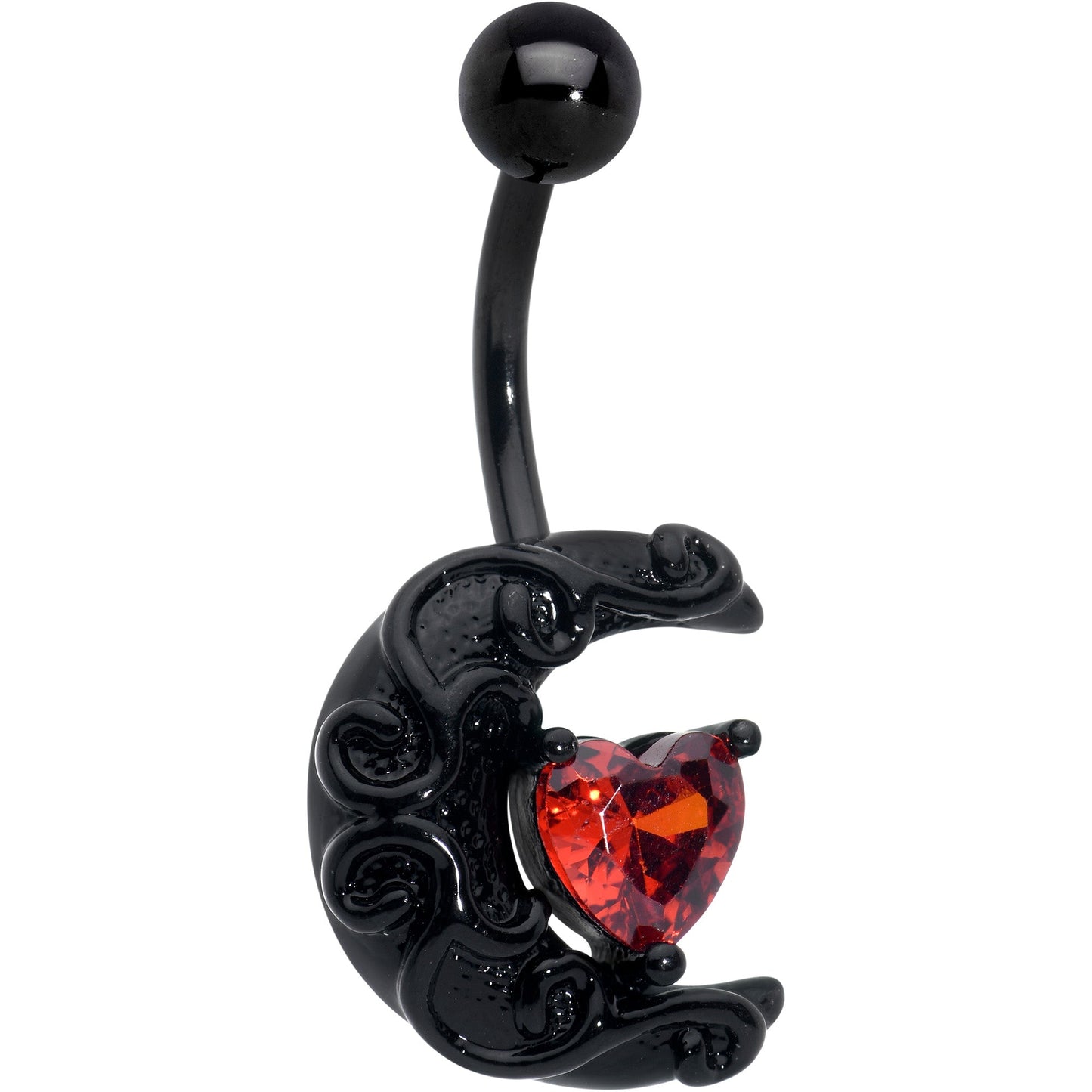 Red CZ Gem Black Scroll Moon Heart Belly Ring