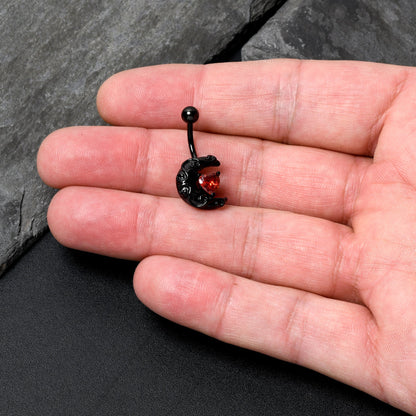 Red CZ Gem Black Scroll Moon Heart Belly Ring