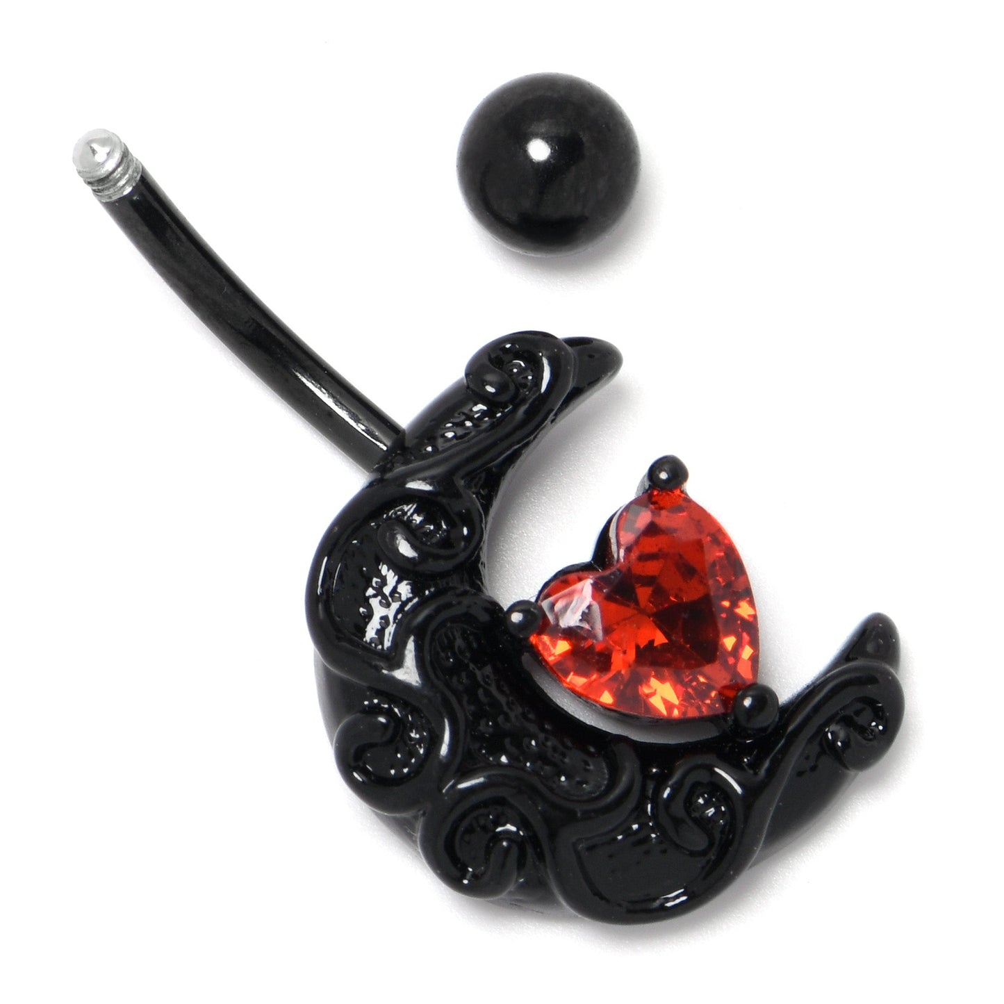 Red CZ Gem Black Scroll Moon Heart Belly Ring