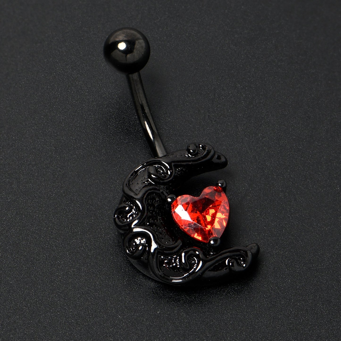 Red CZ Gem Black Scroll Moon Heart Belly Ring