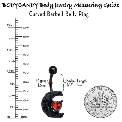 Red CZ Gem Black Scroll Moon Heart Belly Ring