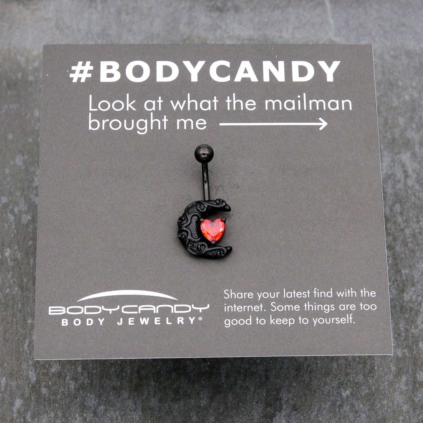 Red CZ Gem Black Scroll Moon Heart Belly Ring