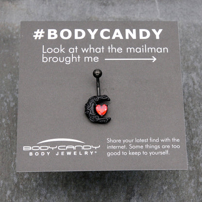 Red CZ Gem Black Scroll Moon Heart Belly Ring