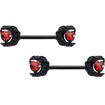 14G 9/16 Red CZ Gem Black Scroll Moon Heart Barbell Nipple Ring Set