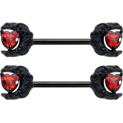 14G 9/16 Red CZ Gem Black Scroll Moon Heart Barbell Nipple Ring Set