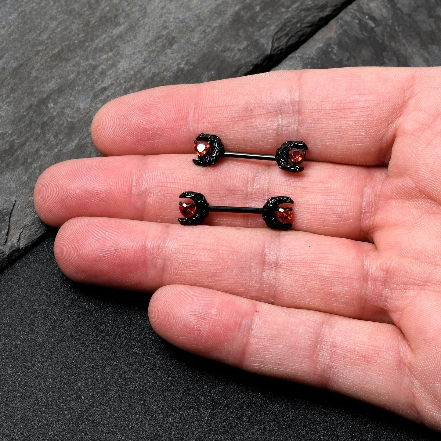 14G 9/16 Red CZ Gem Black Scroll Moon Heart Barbell Nipple Ring Set