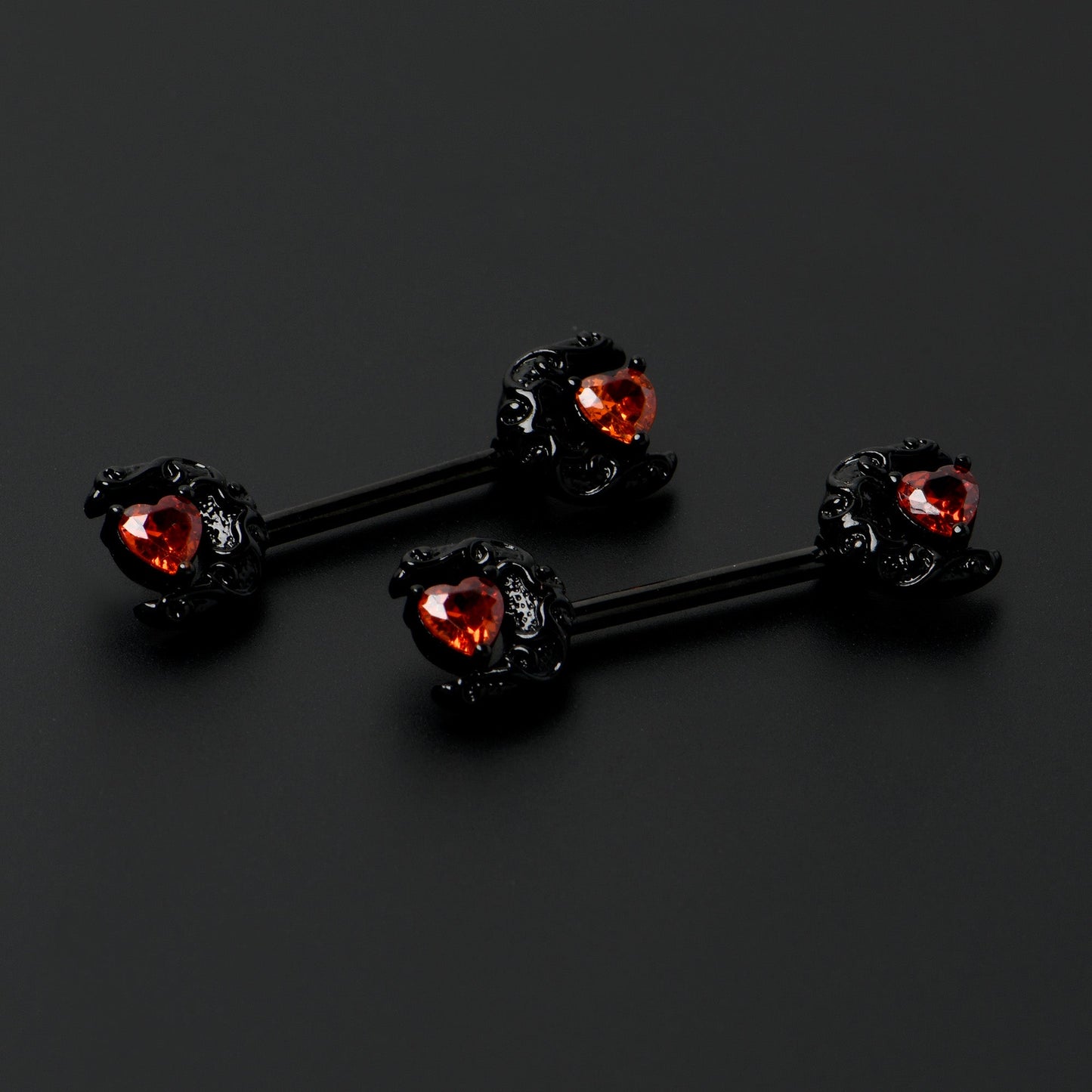 14G 9/16 Red CZ Gem Black Scroll Moon Heart Barbell Nipple Ring Set