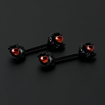 14G 9/16 Red CZ Gem Black Scroll Moon Heart Barbell Nipple Ring Set