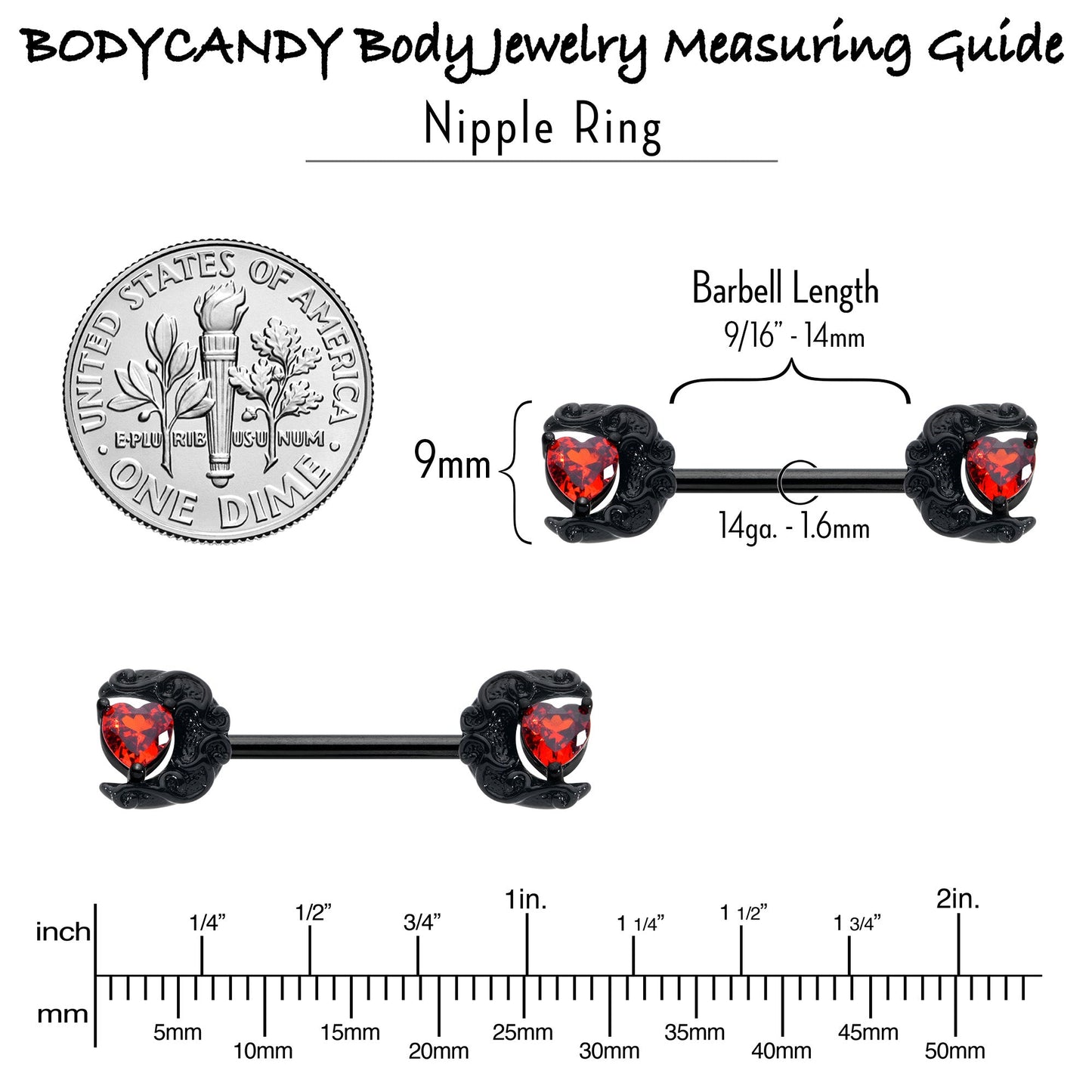 14G 9/16 Red CZ Gem Black Scroll Moon Heart Barbell Nipple Ring Set
