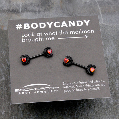 14G 9/16 Red CZ Gem Black Scroll Moon Heart Barbell Nipple Ring Set