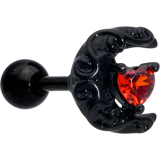 16G 1/4 Red CZ Gem Black Scroll Moon Heart Cartilage Tragus Earring