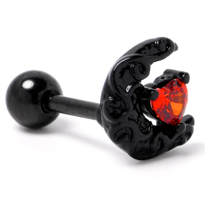 16G 1/4 Red CZ Gem Black Scroll Moon Heart Cartilage Tragus Earring