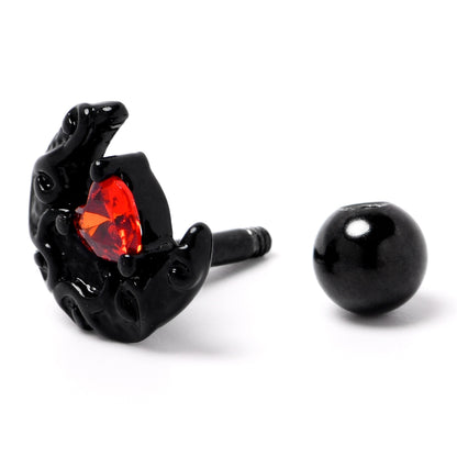 16G 1/4 Red CZ Gem Black Scroll Moon Heart Cartilage Tragus Earring