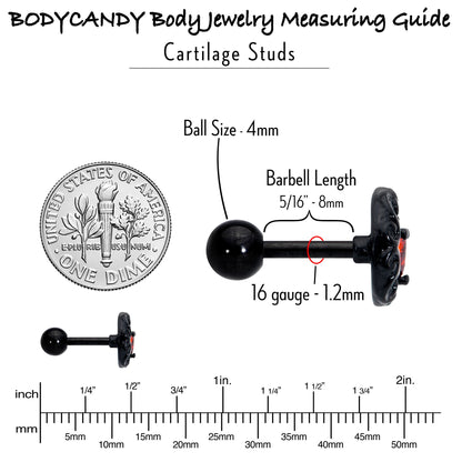 16G 1/4 Red CZ Gem Black Scroll Moon Heart Cartilage Tragus Earring