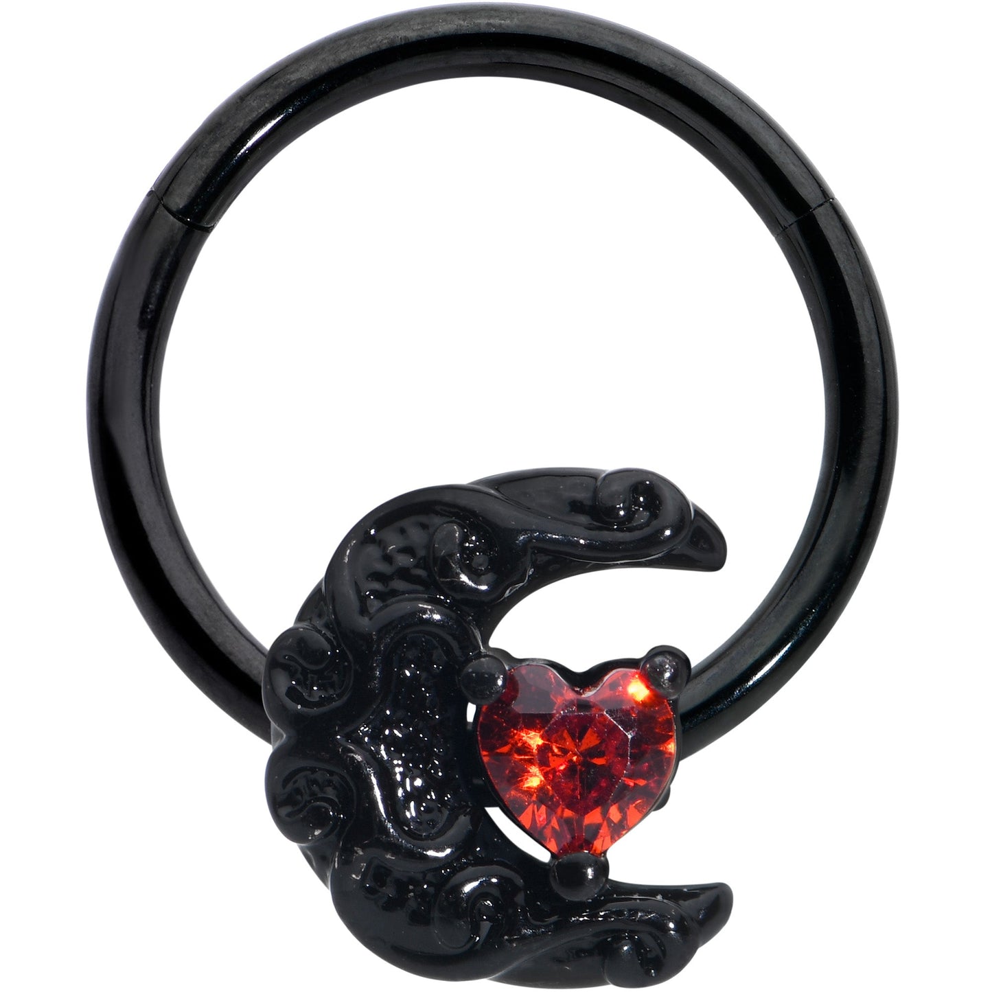 16G 3/8 Red CZ Gem Black Scroll Moon Heart Hinged Segment Ring