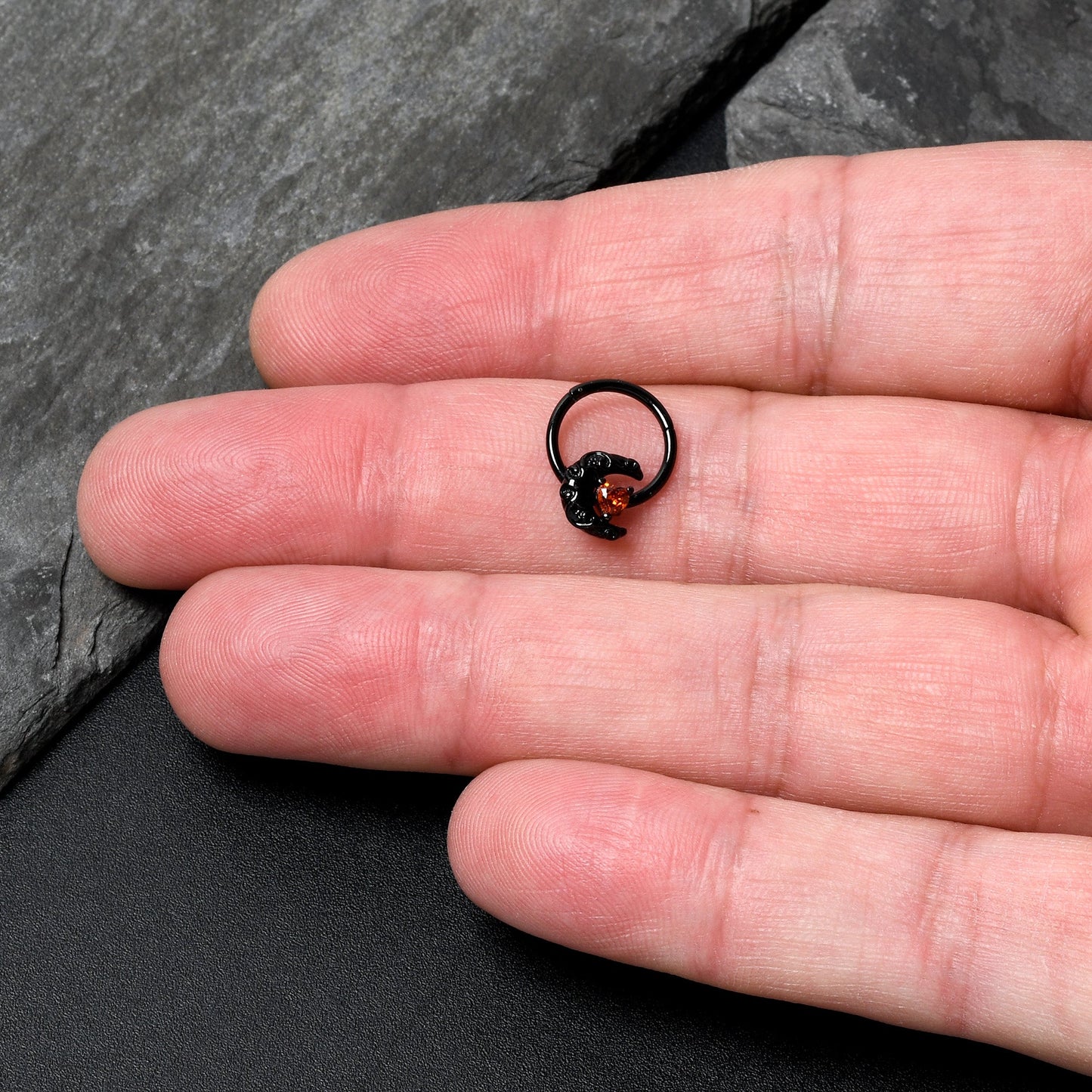 16G 3/8 Red CZ Gem Black Scroll Moon Heart Hinged Segment Ring