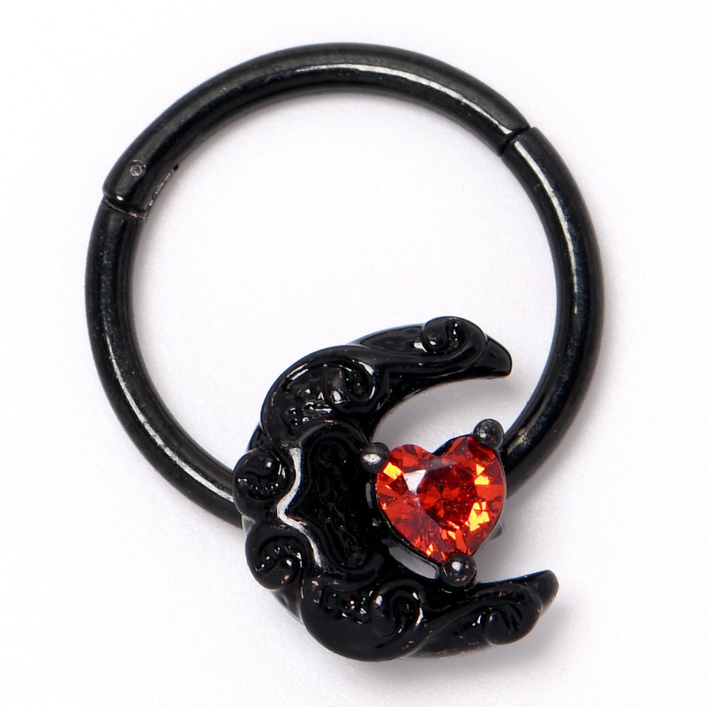 16G 3/8 Red CZ Gem Black Scroll Moon Heart Hinged Segment Ring