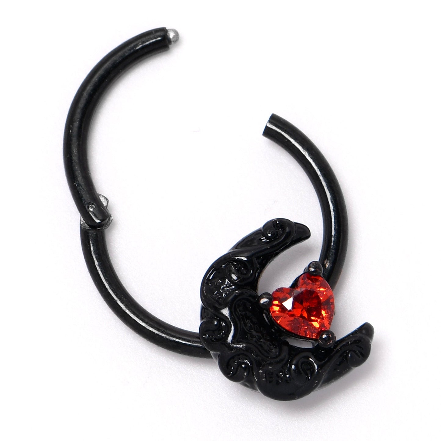 16G 3/8 Red CZ Gem Black Scroll Moon Heart Hinged Segment Ring