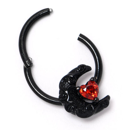 16G 3/8 Red CZ Gem Black Scroll Moon Heart Hinged Segment Ring