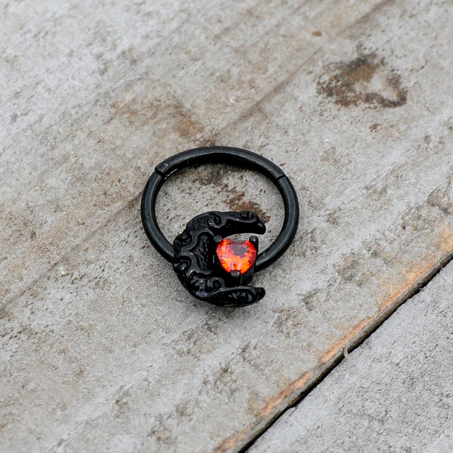 16G 3/8 Red CZ Gem Black Scroll Moon Heart Hinged Segment Ring