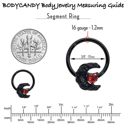 16G 3/8 Red CZ Gem Black Scroll Moon Heart Hinged Segment Ring