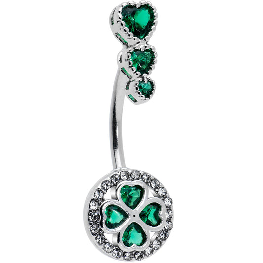 Green Clear Gem Triple Drop Heart Shamrock Double Mount Belly Ring