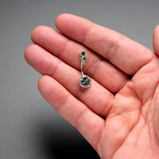 Green Clear Gem Triple Drop Heart Shamrock Double Mount Belly Ring