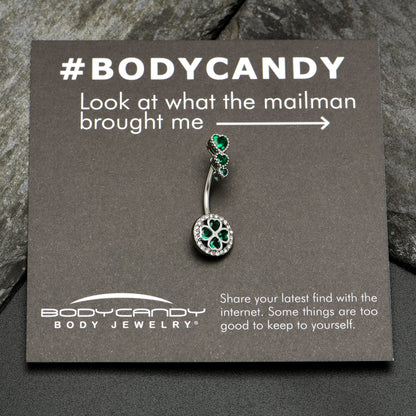 Green Clear Gem Triple Drop Heart Shamrock Double Mount Belly Ring