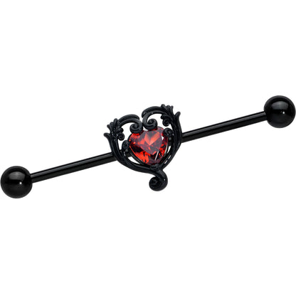 14G Red CZ Gem Black Passion Heart Industrial Barbell 38mm