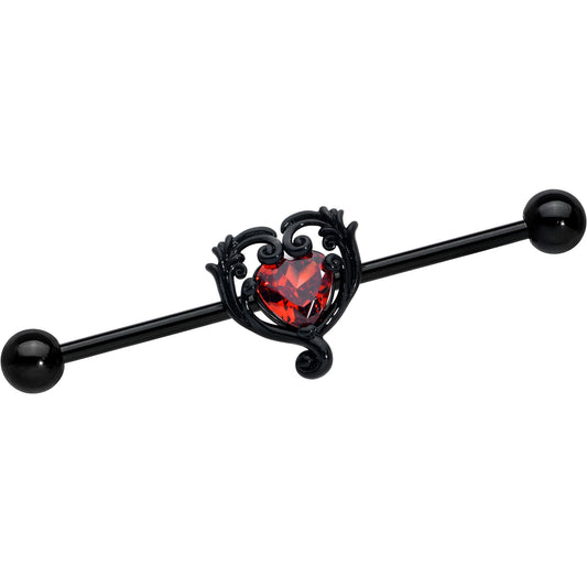 14G Red CZ Gem Black Passion Heart Industrial Barbell 38mm