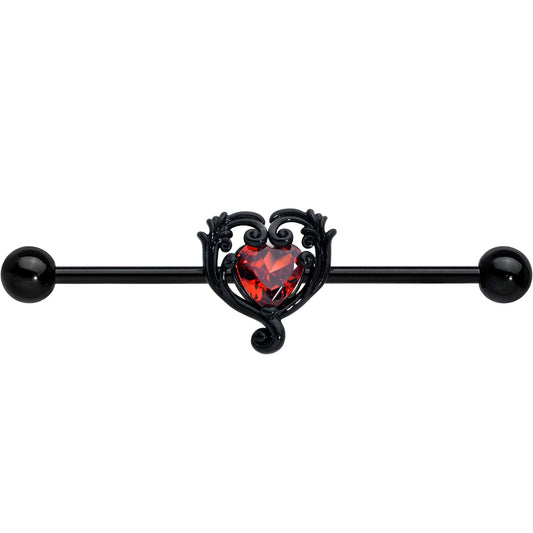 14G Red CZ Gem Black Passion Heart Industrial Barbell 38mm