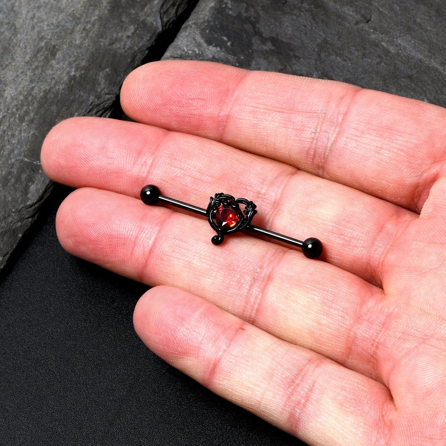 14G Red CZ Gem Black Passion Heart Industrial Barbell 38mm