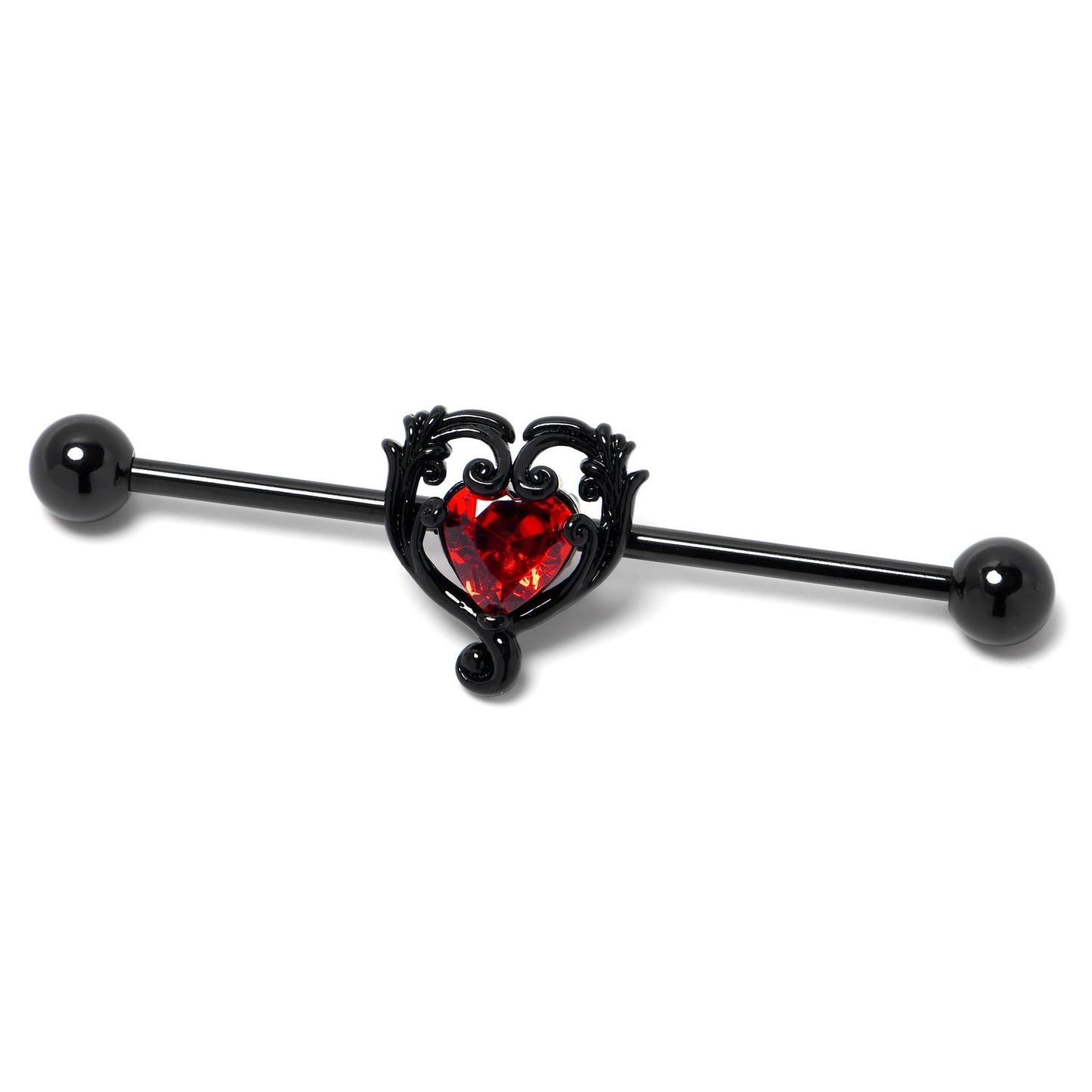 14G Red CZ Gem Black Passion Heart Industrial Barbell 38mm
