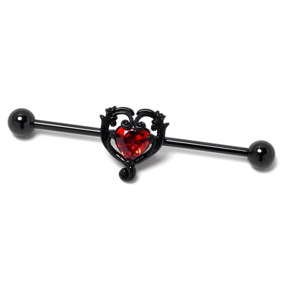 14G Red CZ Gem Black Passion Heart Industrial Barbell 38mm