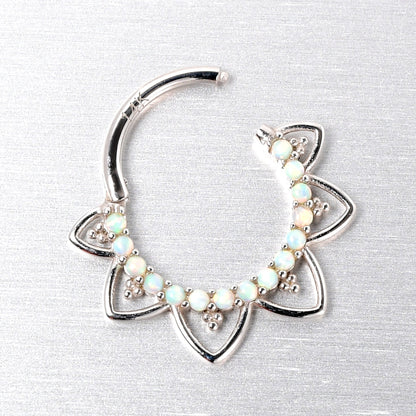 16G 3/8 White Synthetic Opal 14k White Gold Filigree Hinged Segment Ring